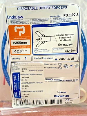OLYMPUS, CONMED, BOSTON SCIENTIFIC, COOK, STERIS, MEDWORK, CORDIS Olympus Biopsy Forceps, 2.8mm x 230cm, FB-220U, Alligator Jaw w/ Needle, 2029-02