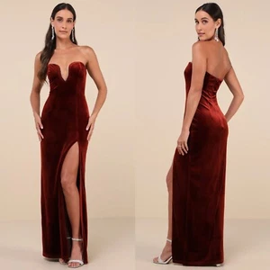 Lulus Women M Elegant Success Rust Red Velvet Rhinestone Strapless Maxi Dress - Picture 1 of 8