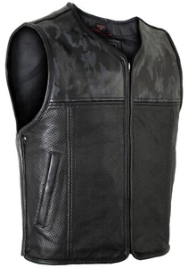 Chaleco de cuero para hombre Biker Black Camo para motocicletas Custom Kutte perforado - Imagen 1 de 6