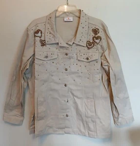 Quacker Factory Ladies 2X Tan Bedazzled Pearls Denim Button Up Jacket - Picture 1 of 9