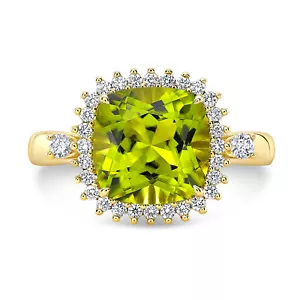 Cushion Peridot Diamond Ring 14k Yellow Gold Cocktail Natural 3.28 CTW - Picture 1 of 3