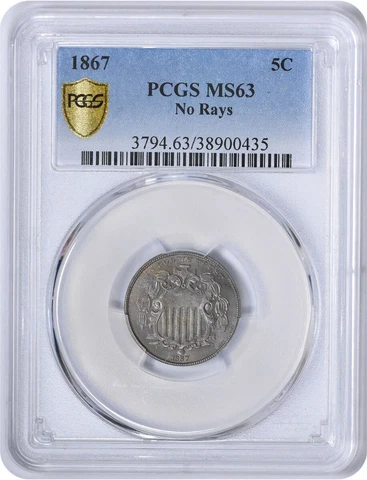 1867 Shield Nickel No Rays MS63 PCGS Cover