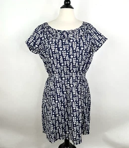 Old Navy 100% Cotton Lined Shift Dress LARGE Navy White Floral Pockets Elastic - Picture 1 of 15