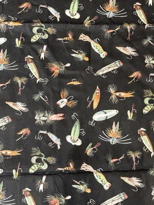 Vintage Fishing Lures VIP Fabric on Black Cranston Print Works Co 1.28 Yds x 44 - Picture 1 of 7