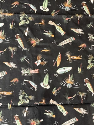 Vintage Fishing Lures VIP Fabric on Black Cranston Print Works Co 1.28 Yds x 44 - Image 1 of 4