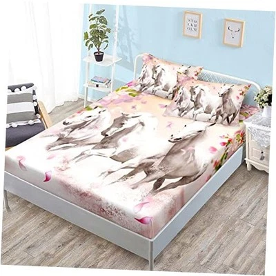  Horse Fitted Sheet,Pink Floral and Horse Bedding,Spring Full 55"*75" Pink-a - Image 1 of 4