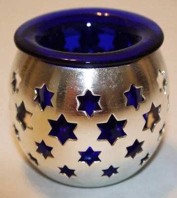 Suporte de vela PartyLite P0473 estrela noturna azul cobalto tom prateado estrelas recortadas - Imagem 1 de 4