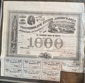 Confederate States of America (CSA) Loan Bond w/Coupons  - Picture 1 of 4