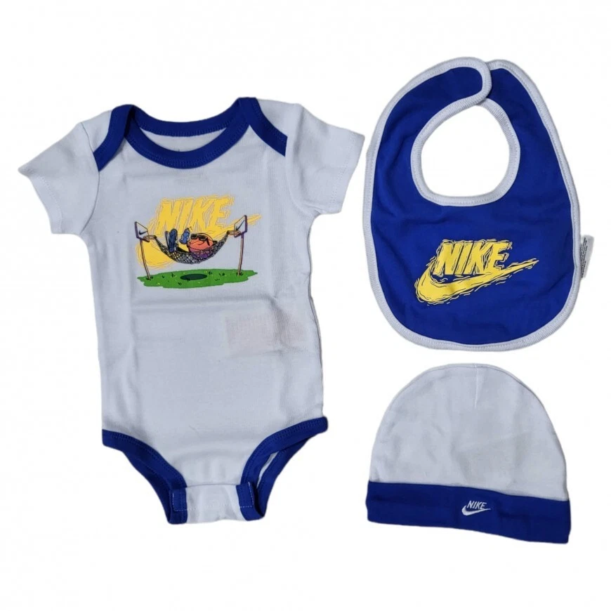 COMPLETO BAMBINO NIKE EMOJ 3 PEZZI 100% COTONE- BIANCO-BLU-NN0802-001 - Immagine 1 di 2