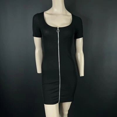 ZARA Bodycon-Minikleid schwarz gerippt Strick Reißverschluss vorne Größe S Small - Bild 1 von 4