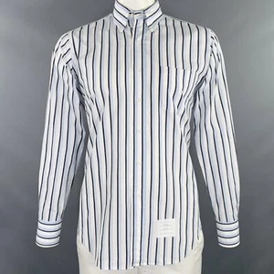 THOM BROWNE Size L White Black Blue Stripe Cotton One Pocket Long Sleeve Shirt - Picture 1 of 8