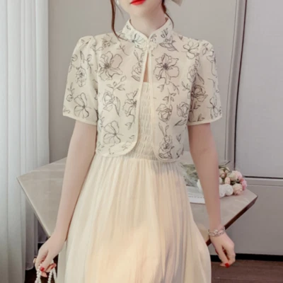 Women Floral Printed Cropped Cardigan Bolero Shrug Chinese Capelet Dress Shawl - Image 1 of 4