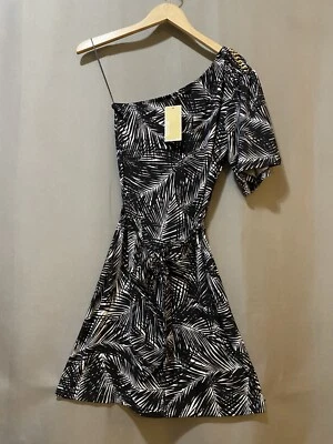 Nuevo con etiquetas Mini Vestido Michael Kors Mujeres Asimétrico Cinturón Un Hombro TALLA XS Negro/Blanco Foto 1 de 4