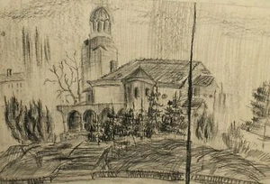 Antique expressionist landscape of church / chapel pencil painting - Picture 1 of 12