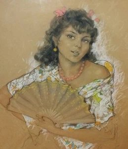 PORTRAIT EINER JUNGEN FRAU. GRAPHIT UND FARBE AUF PAPIER. ANONYM. SPANIEN. C.1940 - Bild 1 von 1