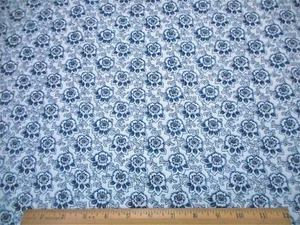 Quilt Fabric 1 3/8 Yard SALE Dk Blue & White Floral on White Premium Cotton #C - Picture 1 of 2