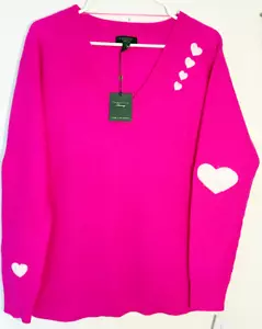$179 NWT Charter Club 100% Cashmere Large Heart Embroidered Vneck Sweater, Pink - Picture 1 of 7