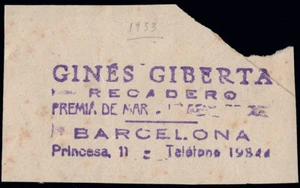 España - Recadero - 1933 - Tampón - "Gines Giberta - Recadero - Premia de Mar .. - Imagen 1 de 1