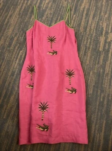 CJ Laing Pink Linen Gator Palm Tree Embroidered Mini Dress Womens Size 8 * NEW - Picture 1 of 8