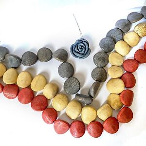 lot of 3 strands of 25mm carved wooden beads in red, gray and natural color