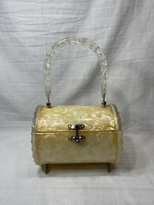 Vintage Pearlized Marbled Lucite Barrel Box Purse 1950s Clear Handle - Picture 1 of 16
