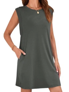 Wenrine Womens Summer Mini Dress Casual Loose Sleeveless Crewneck Slit Basic ... - Picture 1 of 6