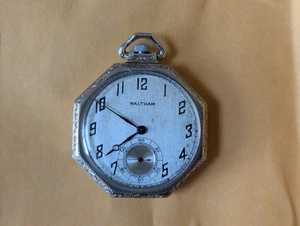 Waltham 1920's 14K White Gold Vintage Hand Engraved Pocket Watch - Picture 1 of 5