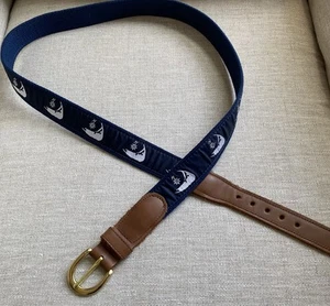 PRESTON Woven Blue Ribbon Belt Embroidered Sailing Leather 42” Brass Made In USA - Picture 1 of 10