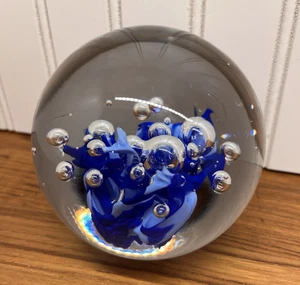 Vintage Handmade Bohemia Paperweight Clear & Colbolt Blue Bubbles Czech - Picture 1 of 7