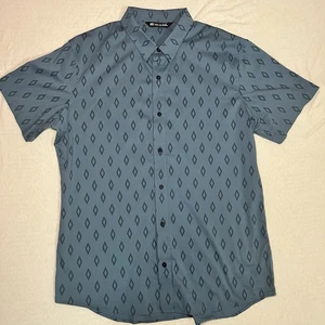 Travis Mathew Geometric Diamond Casual Short Sleeve Button Up Blue Shirt Large - Picture 1 of 5