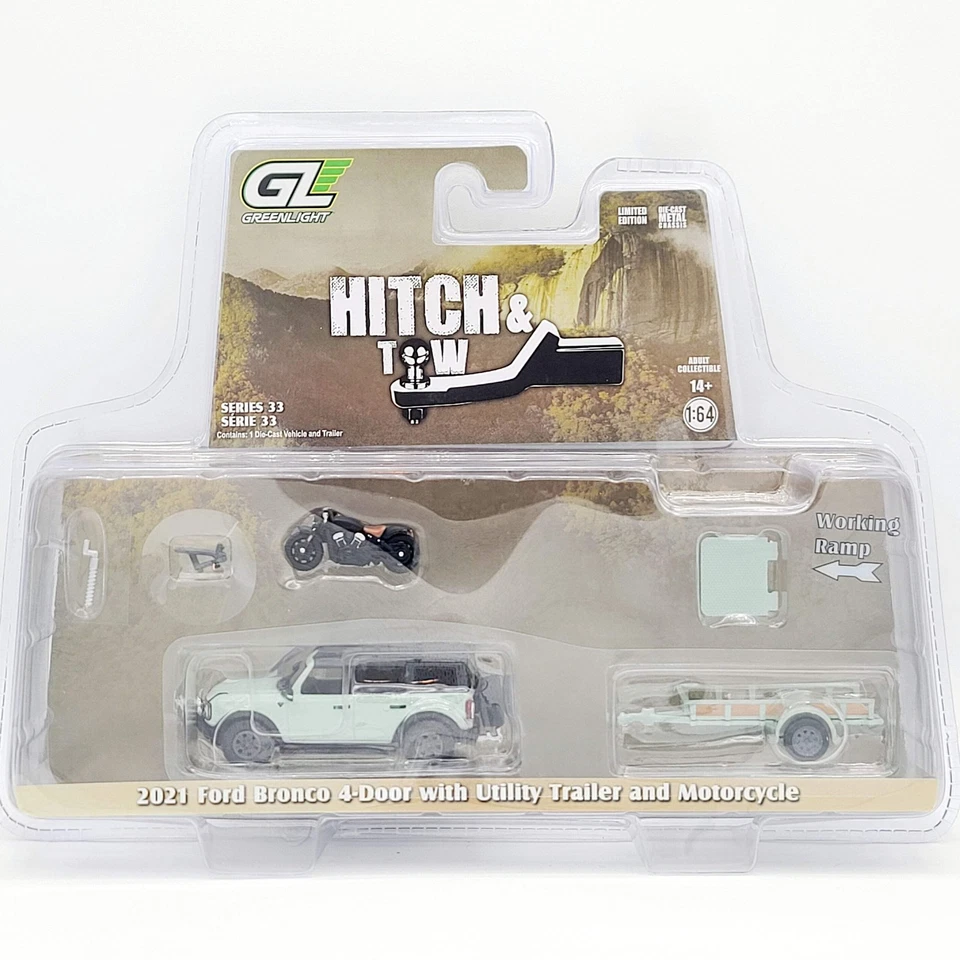 GreenLight '21 Ford Bronco w/ Motorcycle & Utility Trailer - 1:64 (2025 Hitch & - Image 1 of 4