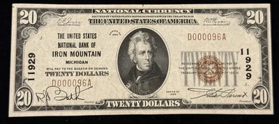 1929 $20 The United States National Bank of IRON MOUNTAIN MICHIGAN Charter 11929 - Image 1 of 2