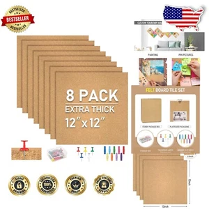 Versatile Cork Board Tiles - 8 Pack Wall-Mount with Clips & Colorful Pins - Picture 1 of 11