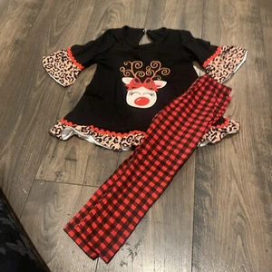 NEW Boutique Girls Reindeer Tunic Ruffle Leggings Christmas Outfit Size 4 - Picture 1 of 9