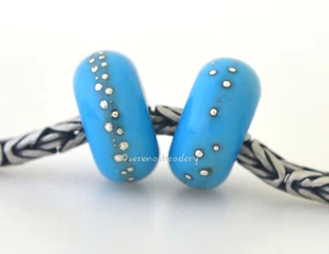 Dark Turquoise Silver Dots Pair European Charm Lampwork Glass Beads - 14 mm - Picture 1 of 6