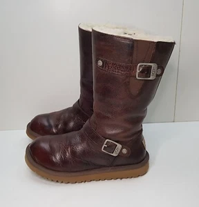 UGG KENSINGTON SIZE 3UK GIRLS BROWN LEATHER WATER RESISTANT SNOW MID CALF BOOTS - Picture 1 of 24