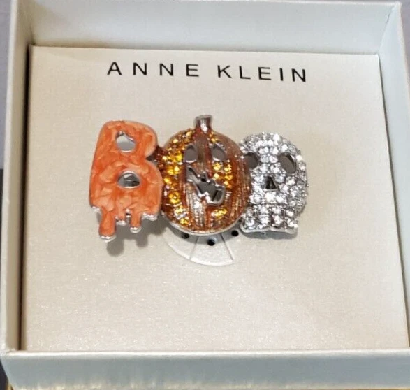 NUEVO BROCHE PIN ANNE KLEIN PAVÉ CRISTAL TONO PLATA HALLOWEEN CALABAZA BOO J1 Foto 1 de 1