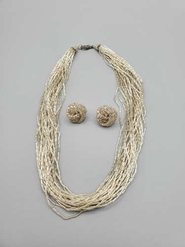 OFF WHITE Set orecchini collana girocollo perline a grappolo multifilo panna bianco sporco vintage