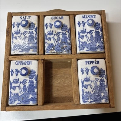 Gabinete de madera de 6 especias Japón azul cobalto vintage no completo Foto 1 de 4