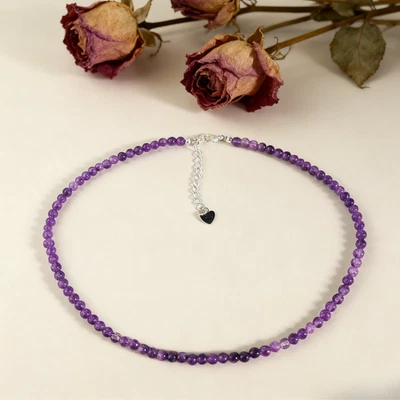 Natural Amethyst 2mm Beads Choker Minimalist Dainty Healing Reiki Necklace Gift - Image 1 of 4