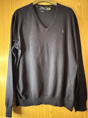 Authentic Ralph Lauren Fine Knit Pima Cotton Navy Blue V Neck Jumper Size Large - Image 1 of 4