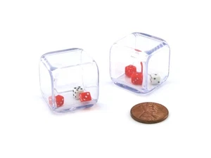 Pack of 2 '3 In a Cube' Dice - 2 x 5mm Red + 1 x 5mm White Dice Inside 25mm Cube - Picture 1 of 1