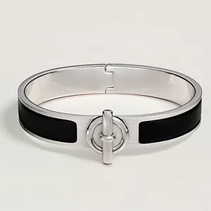 Hermes Clic Glenan Noir Black Mat Enamel Palladium Bracelet Bangle 17cm Birkin - Picture 1 of 5