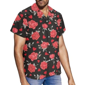 Red Heart And Roses Men's Shirt Tops Short Sleeve Casual Printed Hawaiian - Bild 1 von 8