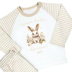 Personalised Boys Girls Easter Pyjamas Beige Stripe Bunny Rabbit PJs Gift - Picture 1 of 8