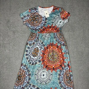 Basico Dress Womens XXL Colorful Mandala Floral Maxi Boho Elastic Waist Blue - Picture 1 of 14