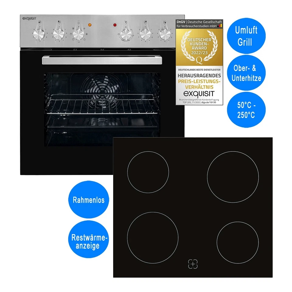 Exquisit Herdset Backofen Umluft Glaskeramikkochfeld rahmenlos Einbau Silber - Bild 1 von 4