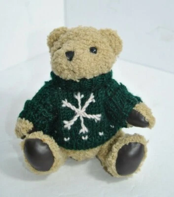 Vintage Hugfun Int'l Beige Teddy Bear Handknit Green Sweater Stuffed Plush 8" - Image 1 of 4