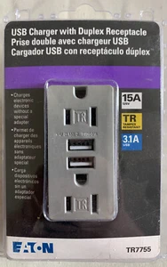 Eaton USB-A charger with Duplex Receptacle TR7755 Silver Granite 15A 125V 3.1A - Picture 1 of 1