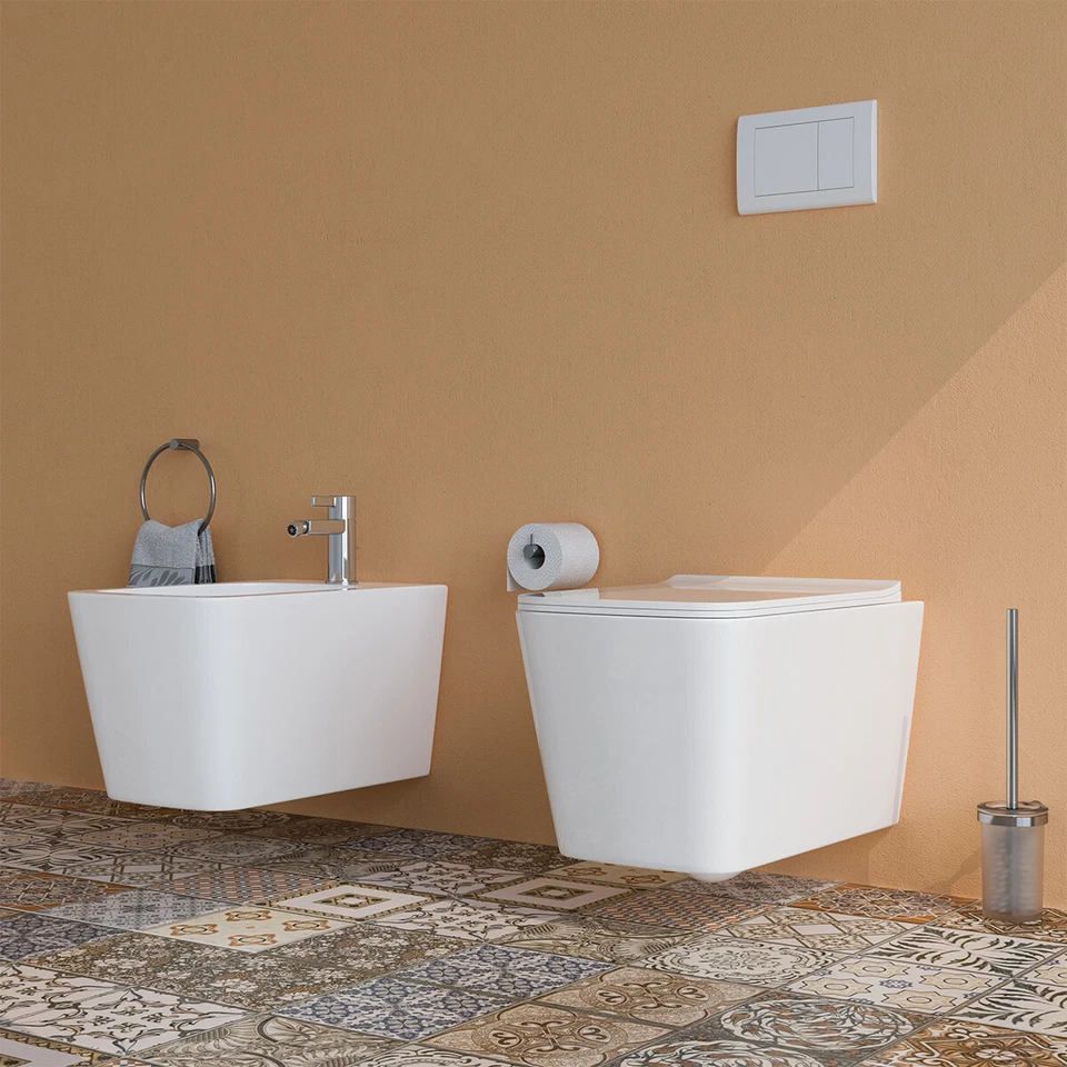 MARINELLIGROUP Sanitari bagno SOSPESI filo muro in ceramica VASO wc, COPRIVASO e BIDET Cube